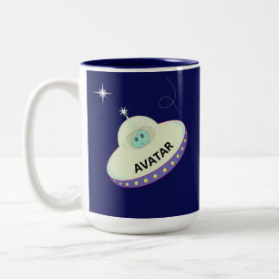 Tasse 2 Couleurs Cute Avatar Alien & Soucoupe volante sur Navy Blue