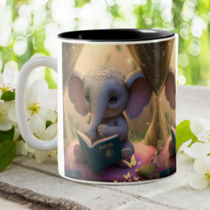 Tasse 2 Couleurs Cute Baby Elephant lire un livre Personnalisé