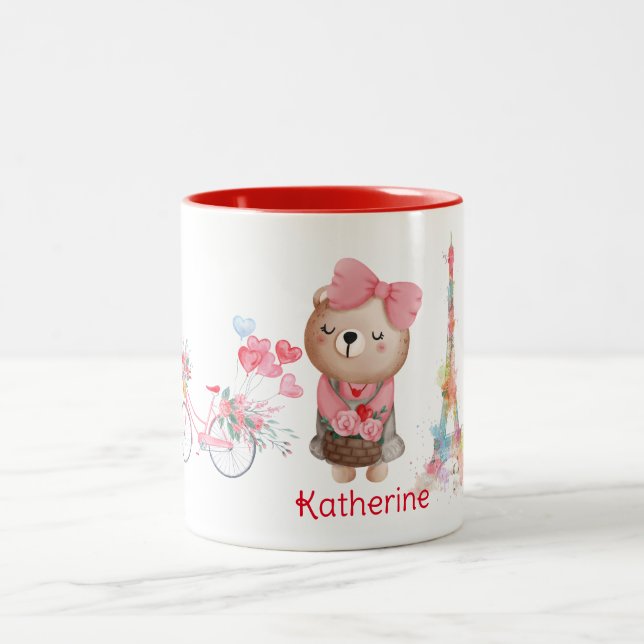 Tasse 2 Couleurs Cute Bear Cycle Tour Eiffel Nom personnalisé (Centre)