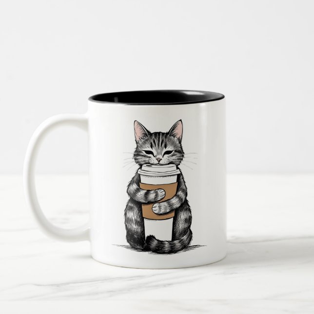 Tasse 2 Couleurs Cute Cat tenant Coffee Cup (Gauche)