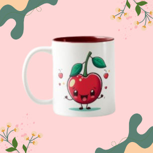 Tasse 2 Couleurs Cute Cerise Fruit Face, avec minimaliste Feuilles