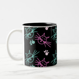 Tasse 2 Couleurs Cute Chat Doodle rose Turquoise Noir