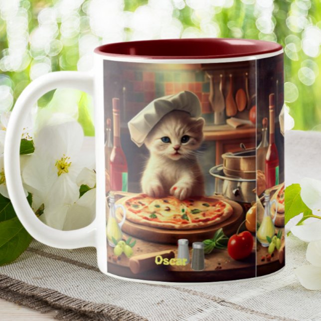 Tasse 2 Couleurs Cute chef Chat Fabriquer Pizza Nom personnalisé (Créateur téléchargé)