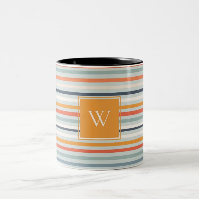 Tasse 2 Couleurs Cute Dusky Orange Bleu Motif rayé ocre (Centre)