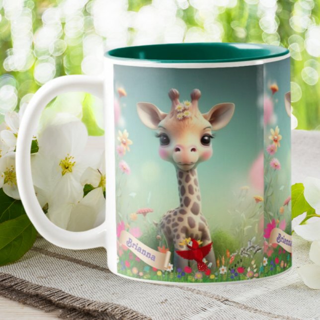 Tasse 2 Couleurs Cute Giraffe en Jardin Floral personnalisé (Créateur téléchargé)