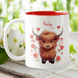Tasse 2 Couleurs Cute Highland Coeurs roses de vache Floral Valenti