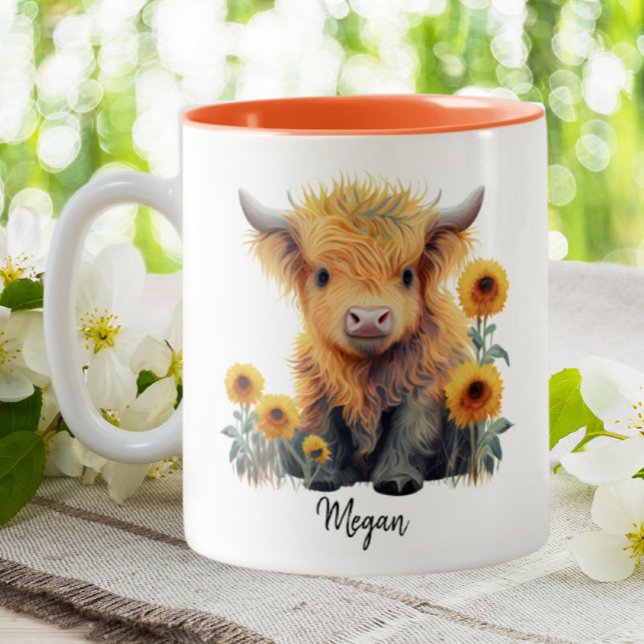 Tasse 2 Couleurs Cute Highland Cow Calf Sunflowers Personnalisé (Créateur téléchargé)