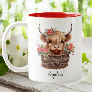 Tasse 2 Couleurs Cute Highland Cow rose Floral Rose d'aquarelle