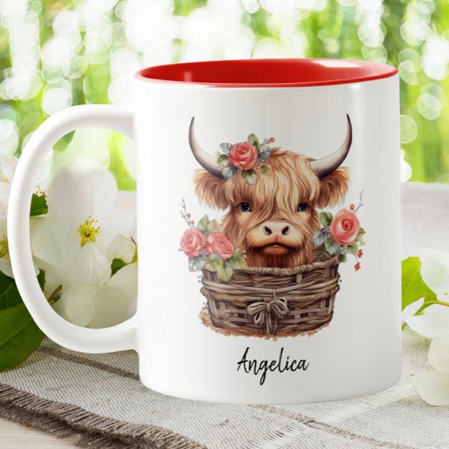 Tasse 2 Couleurs Cute Highland Cow rose Floral Rose d'aquarelle (Créateur téléchargé)