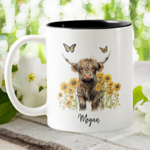 Tasse 2 Couleurs Cute Highland Cow Sunflower Floral Personnalisé