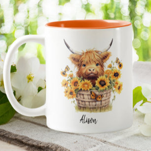 Tasse 2 Couleurs Cute Highland Cow Sunflower Floral Personnalisé