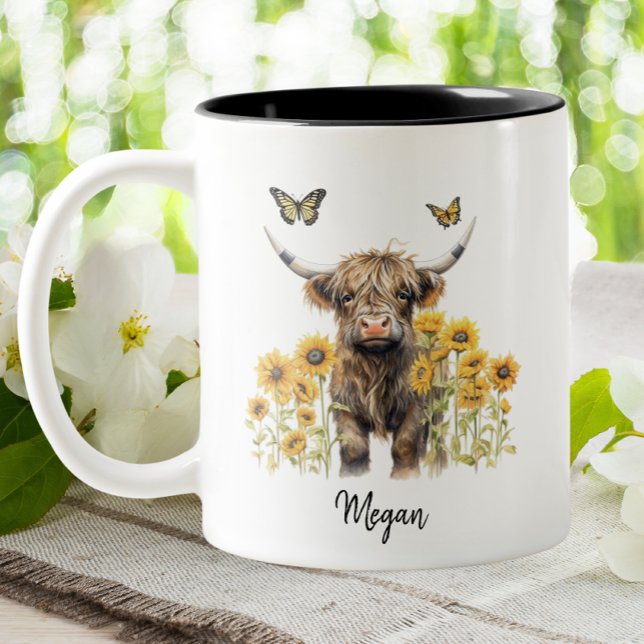Tasse 2 Couleurs Cute Highland Cow Sunflower Floral Personnalisé (Créateur téléchargé)