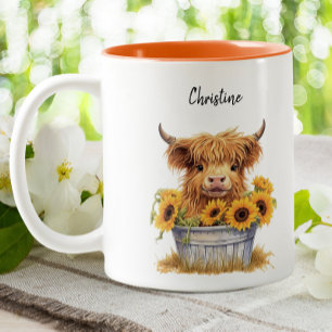 Tasse 2 Couleurs Cute Highland Cow Sunflowers Custom