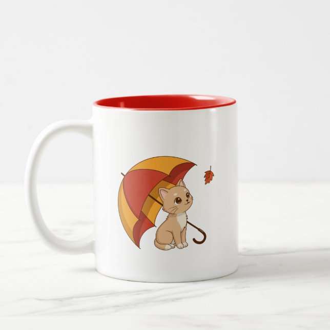Tasse 2 Couleurs Cute Kitten Cat Red Yellow Umbrella Fall (Gauche)
