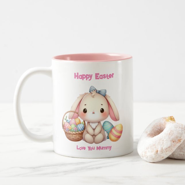 Tasse 2 Couleurs Cute Lapin Pâques Girly Rose Personnalisable (Avec donut)