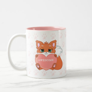 Tasse 2 Couleurs Cute Little Fox tenant un Motif de coeur et de paw