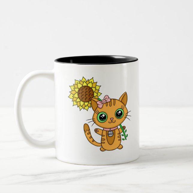 Tasse 2 Couleurs Cute Orange Kawaii Chat avec tournesol (Gauche)