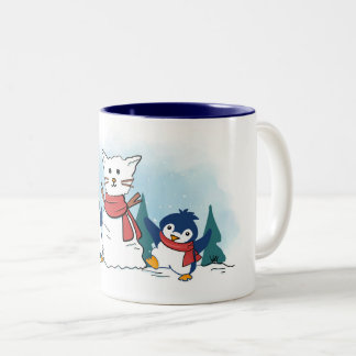 Tasse 2 Couleurs Cute Penguins building a Christmas Snowcat