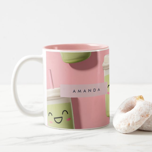 Tasse 2 Couleurs Cute personnalisée Kawaii Pastel Smoothie Matcha (Avec donut)
