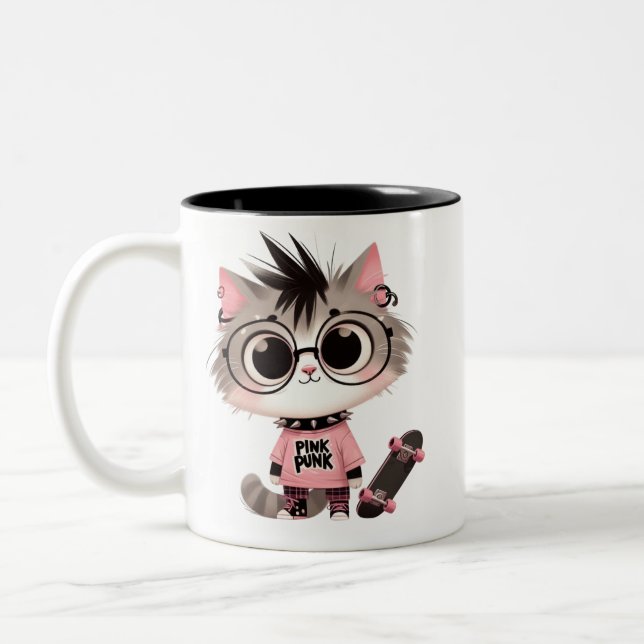Tasse 2 Couleurs Cute Punk Chat avec Skateboard | Pink Punk Kitty (Gauche)