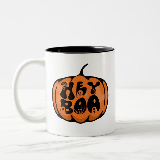 Tasse 2 Couleurs Cute Retro Hey Boo Citrouille Fantôme noir Orange (Gauche)