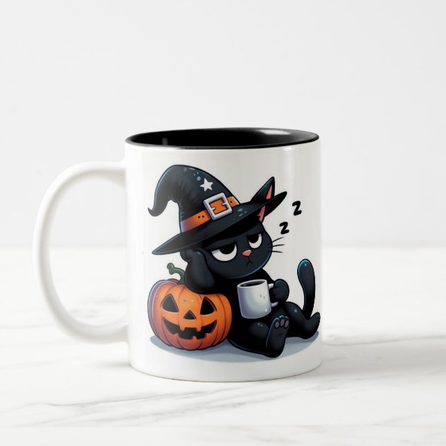 Tasse 2 Couleurs Cute Sleepy Witch Cat & Pumpkin Halloween  (Gauche)