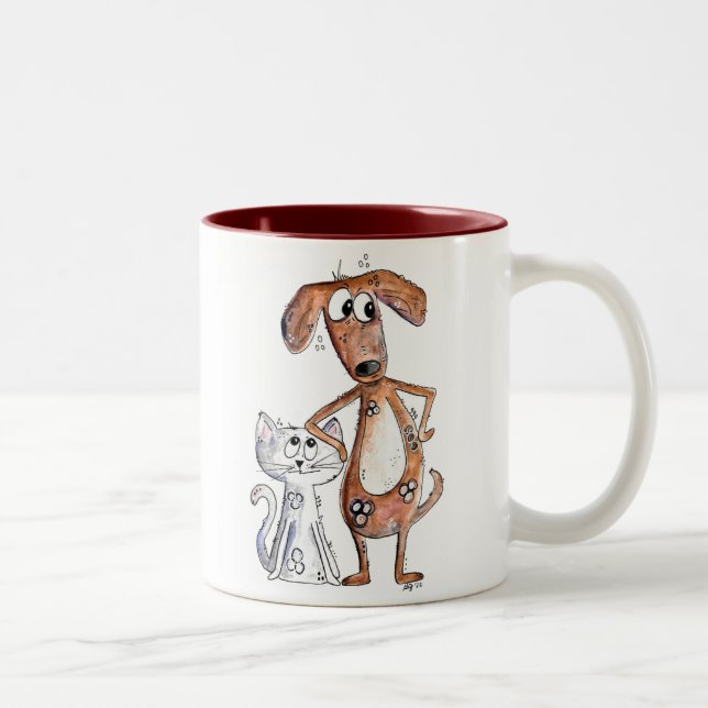 Tasse 2 Couleurs Cute Whimsical Brown chien et chat gris (Droit)