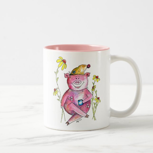 Tasse 2 Couleurs Cute Whimsical Cochon Boire Café (Droit)