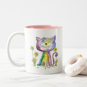 Tasse 2 Couleurs Cute Whimsical Happy Chat avec Fleurs Jaunes