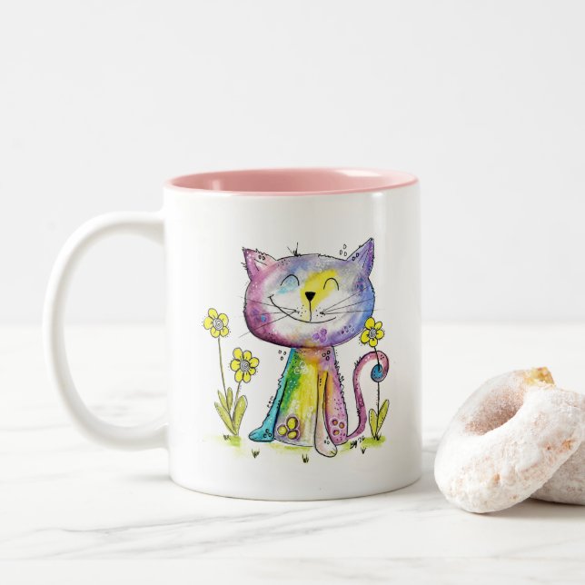 Tasse 2 Couleurs Cute Whimsical Happy Chat avec Fleurs Jaunes (Avec donut)