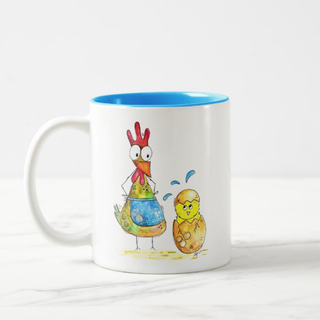 Tasse 2 Couleurs Cute Whimsical Mama poulet avec bébé (Gauche)
