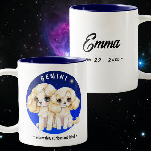 Tasse 2 Couleurs Cute Zodiac Gemini Chien bleu étoile Aquarelle