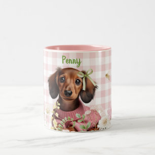 Tasse 2 Couleurs Dachshund personnalisé Rose & Vert