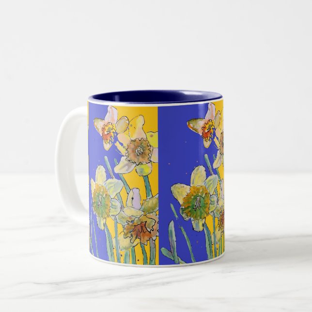 Tasse 2 Couleurs Daffodil Peinture Aquarelle Jaune Bleu floral (Devant gauche)