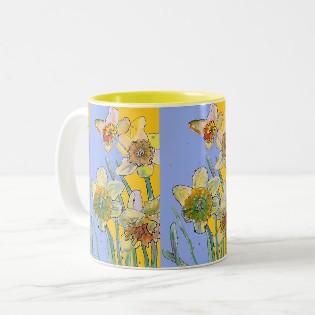 Tasse 2 Couleurs Daffodil Peinture Main Peint Jaune floral (Devant gauche)