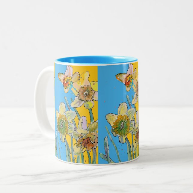 Tasse 2 Couleurs Daffodil Peinture Main Peint Jaune floral Deux- (Devant gauche)
