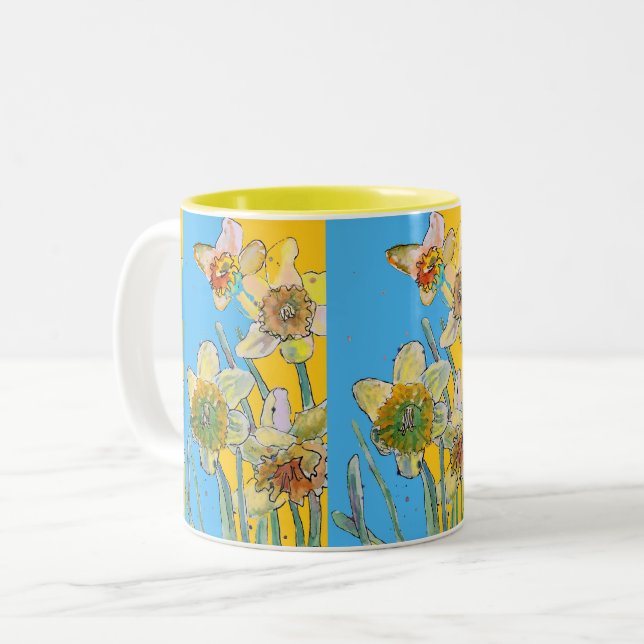 Tasse 2 Couleurs Daffodil Peinture Main Peint Jaune floral Deux- (Devant gauche)