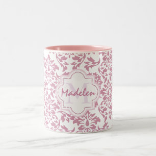 Tasse 2 Couleurs damassé rose mignonne, monogramme initial nommé