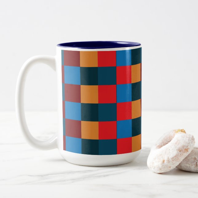 Tasse 2 Couleurs Damier à carreaux de couleur moderne (Avec donut)