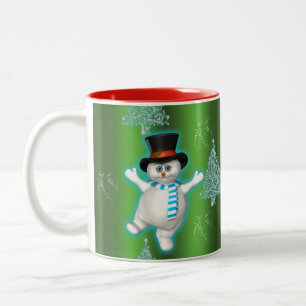 Tasse 2 Couleurs Dancing Snowman en Casquette sur Green Christmas