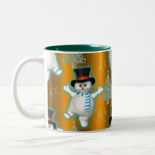 Tasse 2 Couleurs Danser Snowman en haut Chapeau sur Gold Christmas (Gauche)
