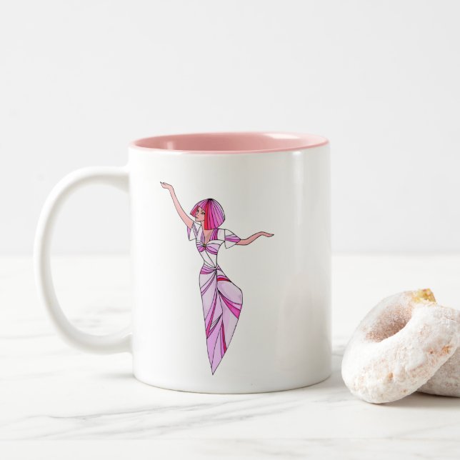Tasse 2 Couleurs Danseur rose funky fille avec cheveux roses (Avec donut)