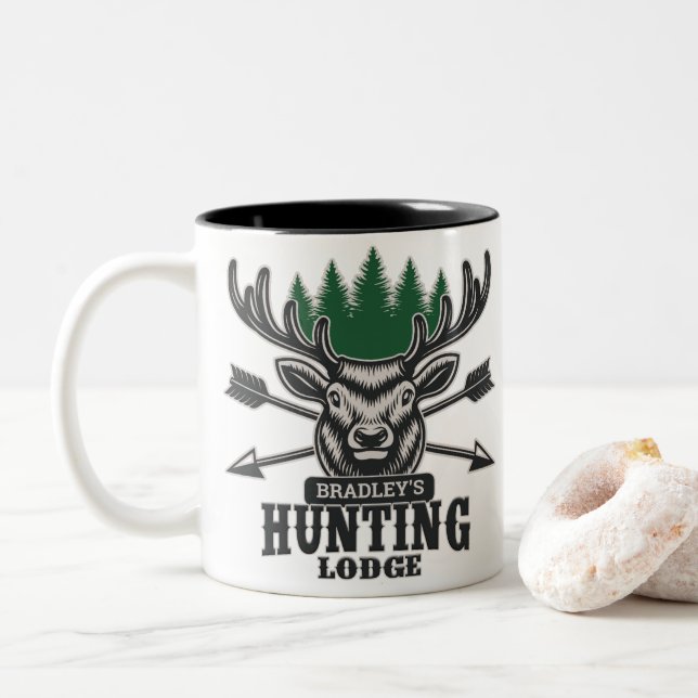 Tasse 2 Couleurs Deer Elk Hunter AJOUTER NOM Bow Hunter Lodge Cabin (Avec donut)