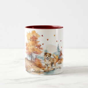 Tasse 2 Couleurs Dessin d'Akita à l'aquarelle pour l'automne