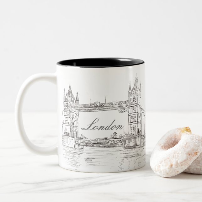 Tasse 2 Couleurs Dessin d'architecture de London Bridge Grey Ink (Avec donut)