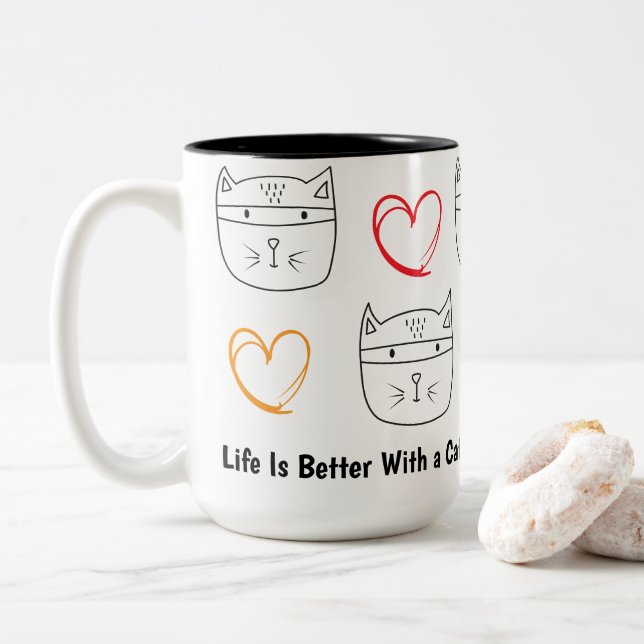 Tasse 2 Couleurs Dessin de chat bandit drôle – Art de chat minimali (Avec donut)