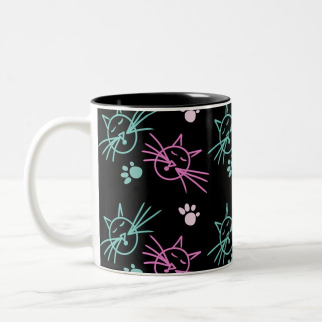 Tasse 2 Couleurs Dessin de chat mignon rose sarcelle noir  (Gauche)