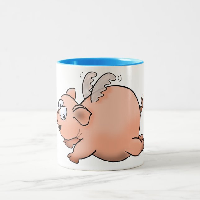 Tasse 2 Couleurs Dessin de dessin animé d'un cochon avec ailes vola (Centre)
