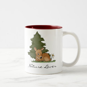 Tasse 2 Couleurs Dessin de dessin de l'art du cerf Fawn Forêt Arbre