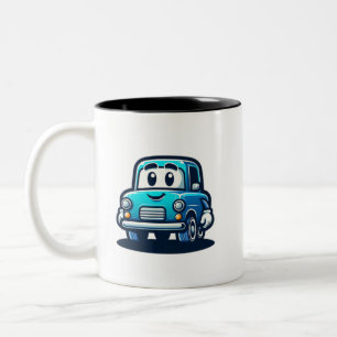 Tasse 2 Couleurs dessin d'une vieille voiture bleue souriante